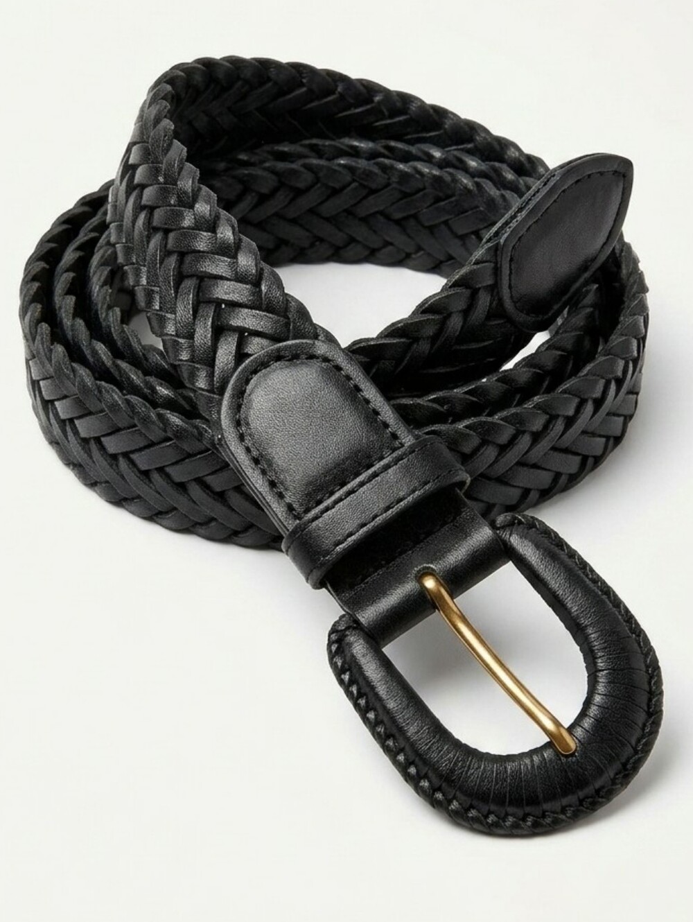 Vintage Black Braided Belt Faux Leather Woven Waist Cincher Boho Classic 40"